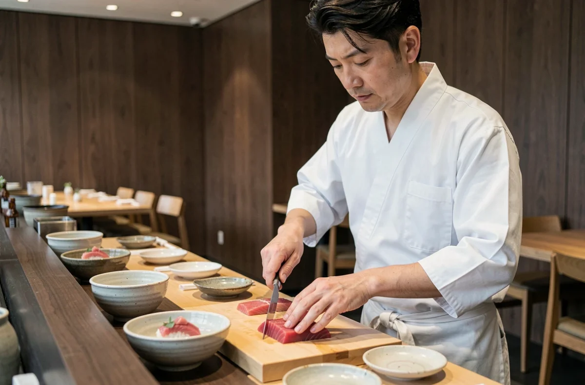 Chef japonais préparant du thon rouge au couteau yanagiba au restaurant Masa à Boulogne-Billancourt dans un cadre épuré