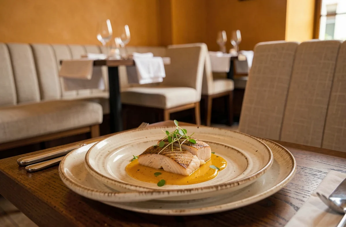 Plat gastronomique soigneusement dressé au restaurant Ochre à Rueil-Malmaison sur céramique artisanale