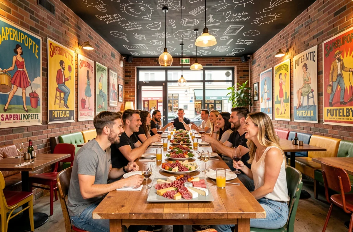 Groupe d'amis partageant des plats de charcuterie dans l'ambiance festive et colorée du restaurant Saperlipopette à Puteaux