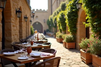 Terrasse de restaurant en pierre dans la cité médiévale de Carcassonne avec tables dressées et remparts en arrière-plan