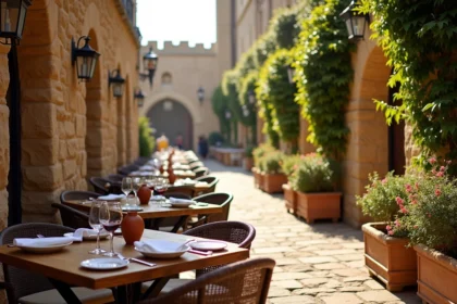 Terrasse de restaurant en pierre dans la cité médiévale de Carcassonne avec tables dressées et remparts en arrière-plan