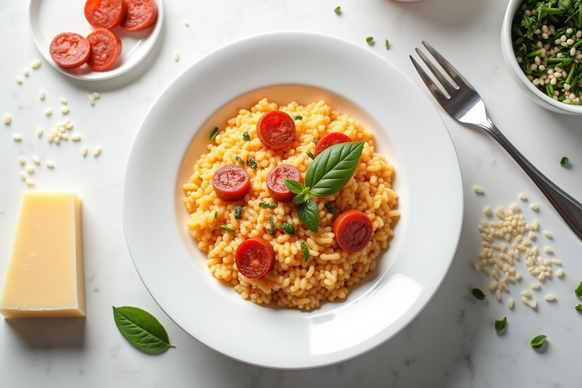 Risotto au chorizo présenté avec ingrédients crus