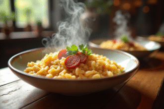Bol de risotto crémeux au chorizo et persil frais