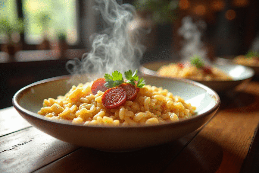 Bol de risotto crémeux au chorizo et persil frais