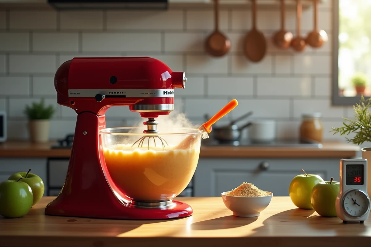Robot pâtissier rouge avec bol de pâte de fruit à la pomme en cuisson, vapeur visible et spatule en silicone sur plan de travail de cuisine