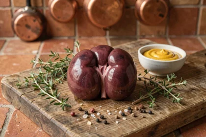 Rognon de veau entier cru posé sur un billot en bois avec thym frais, poivre et moutarde de Dijon dans une cuisine traditionnelle française