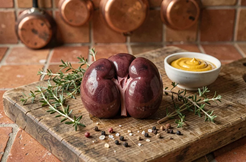 Rognon de veau entier cru posé sur un billot en bois avec thym frais, poivre et moutarde de Dijon dans une cuisine traditionnelle française