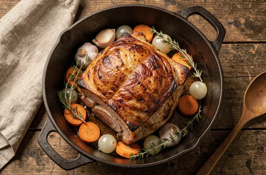 Rôti de porc doré en cocotte en fonte avec légumes mijotés, ail et thym frais, vu de dessus sur table en bois rustique