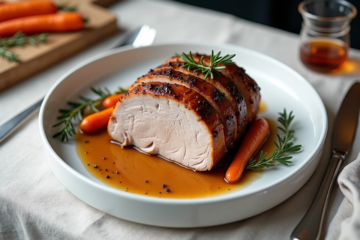 Rôti de porc tranché avec jus fond de veau préparé au Cookeo servi sur plat blanc