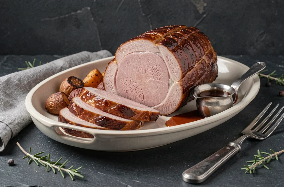 Rôti de porc tranché présenté sur un plat en céramique ovale avec légumes rôtis et jus de braisage, sur surface en ardoise sombre