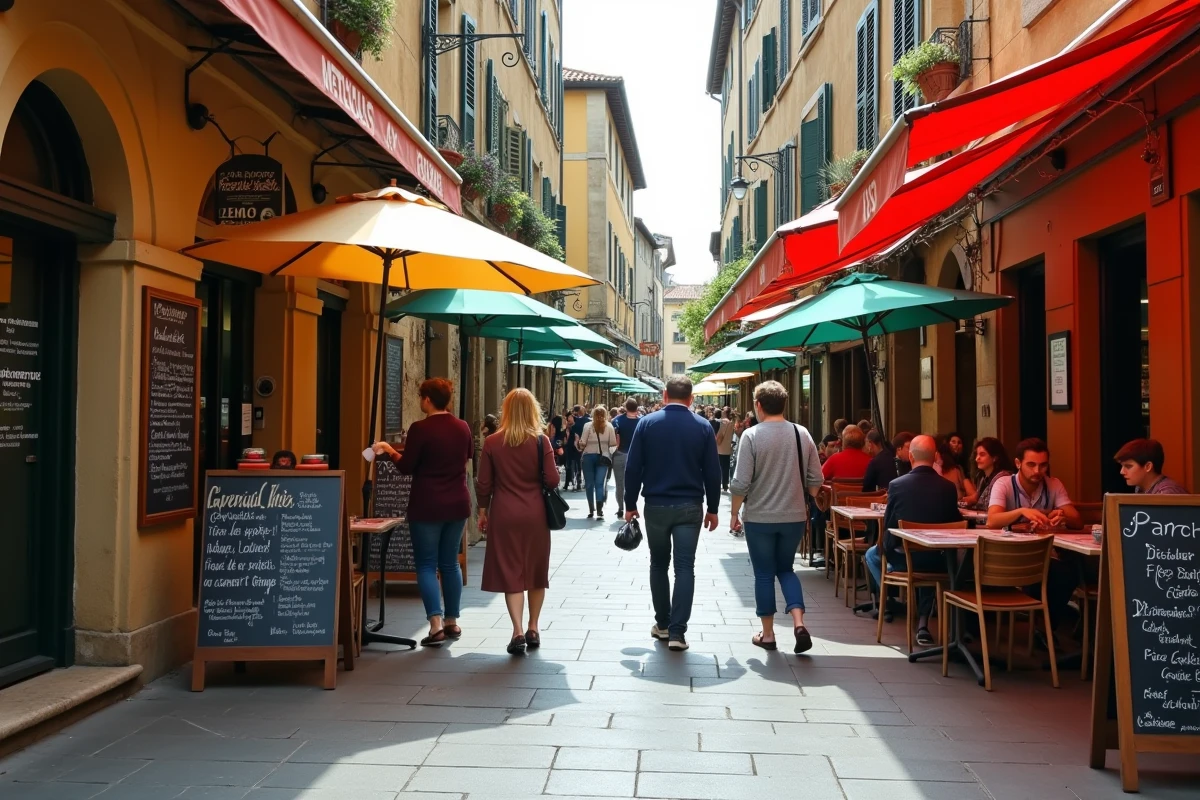 Rue piétonne animée de la Bastide Saint-Louis à Carcassonne avec terrasses de restaurants et menus ardoise