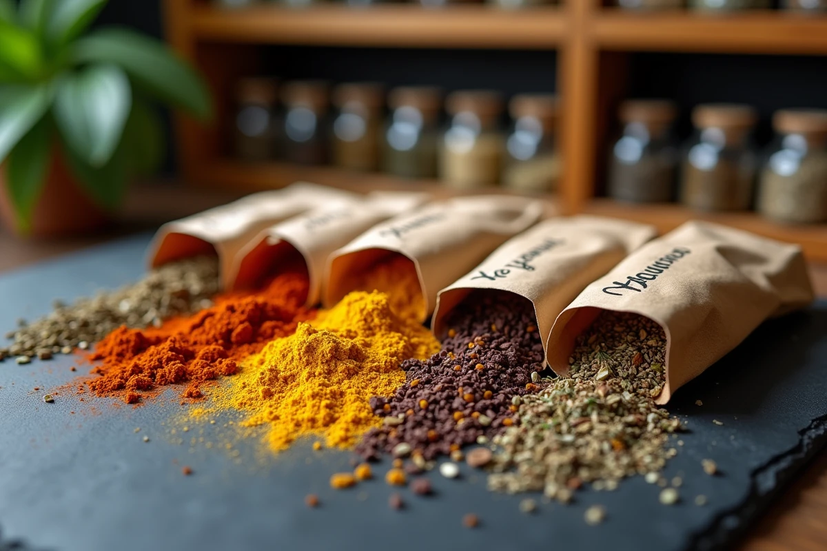 Gros plan de sachets kraft d'épices gourmandes artisanales posés sur une ardoise dans une épicerie fine