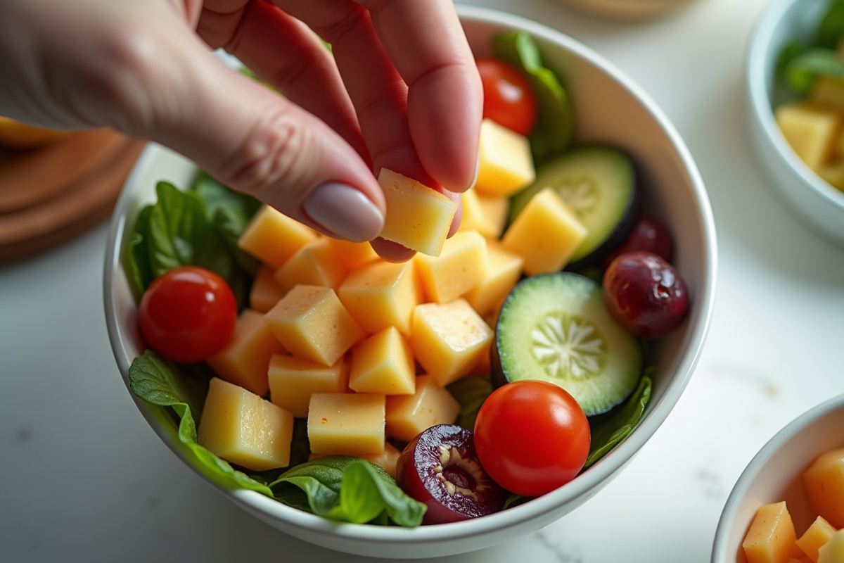 Main ajoutant salak en dés dans une salade colorée