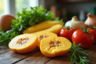 Salak frais tranché sur une table en bois avec légumes