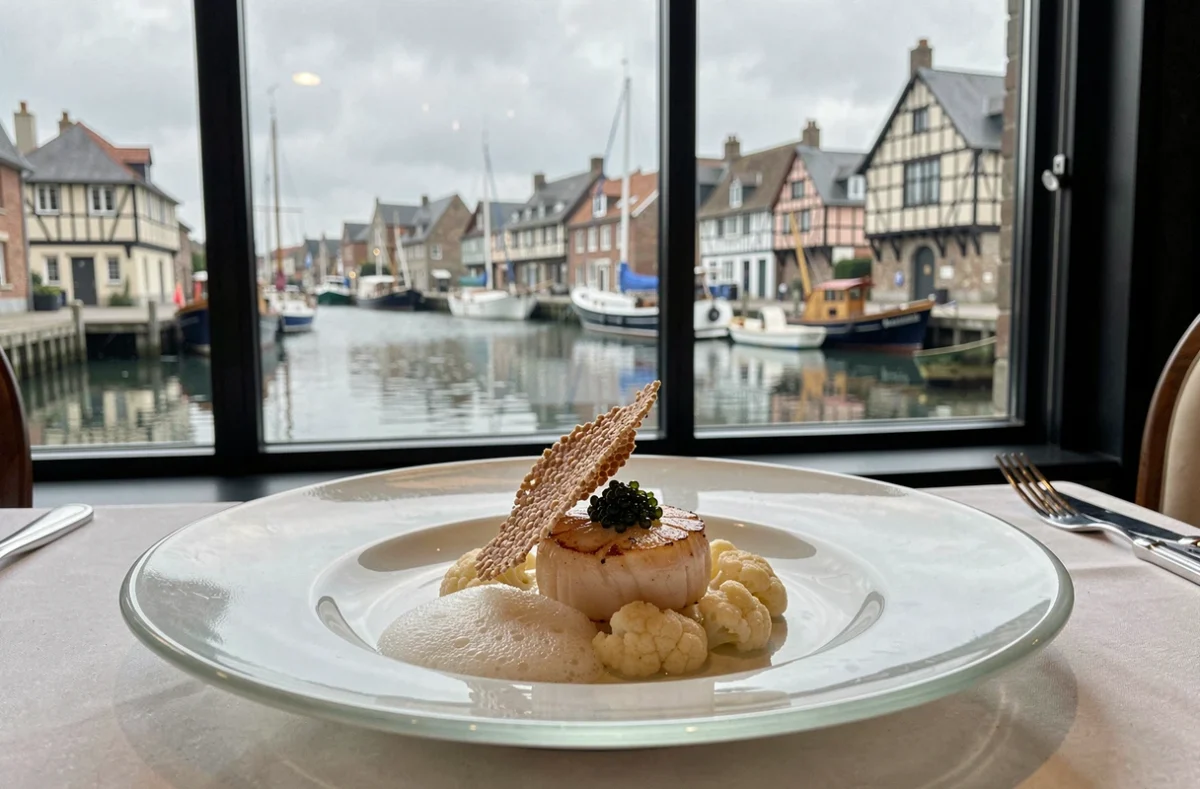 Saint-Jacques poêlé au caviar et velouté de chou-fleur sur porcelaine au restaurant étoilé SaQuaNa à Honfleur