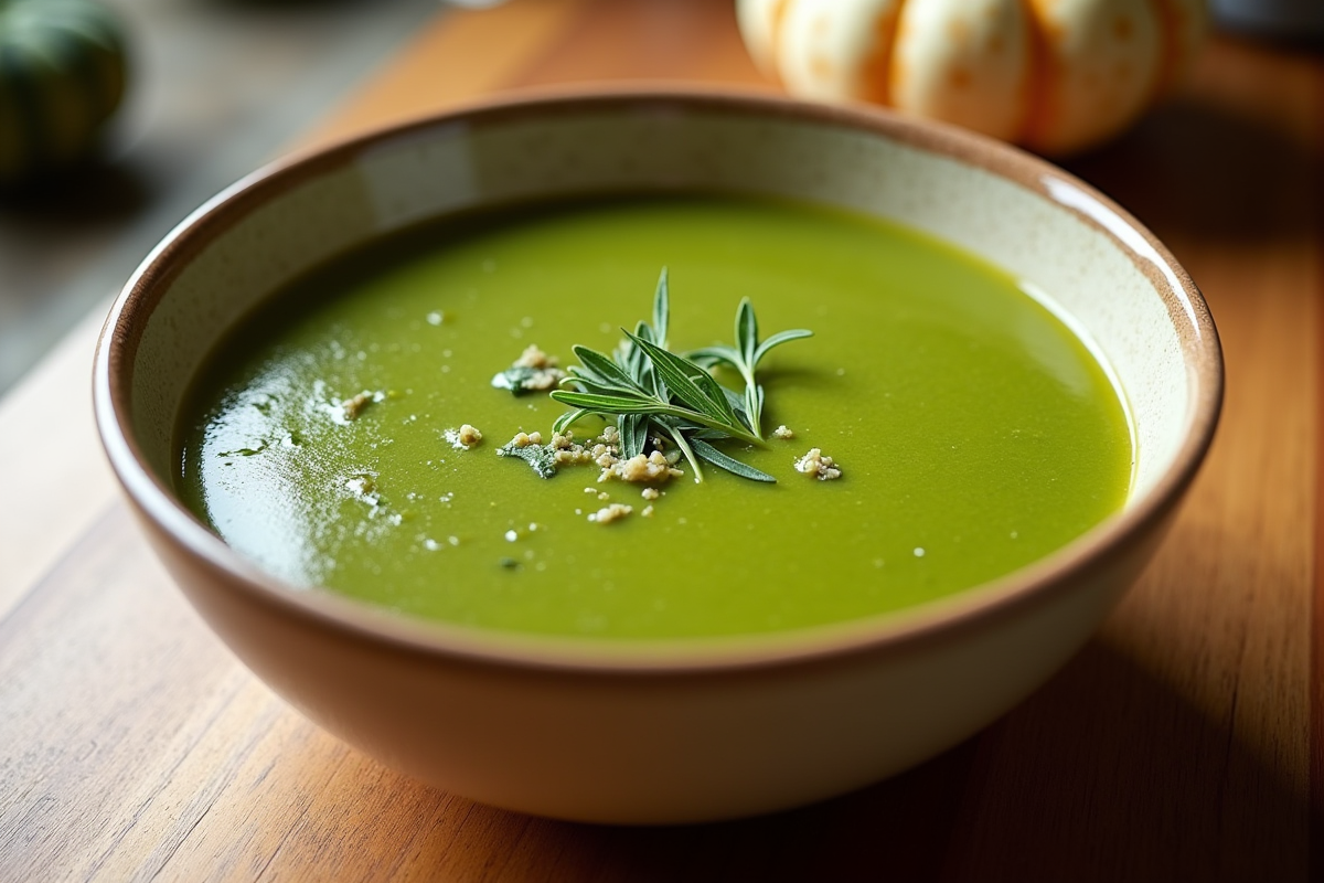 Soupe de citrouille verte dans un bol en céramique