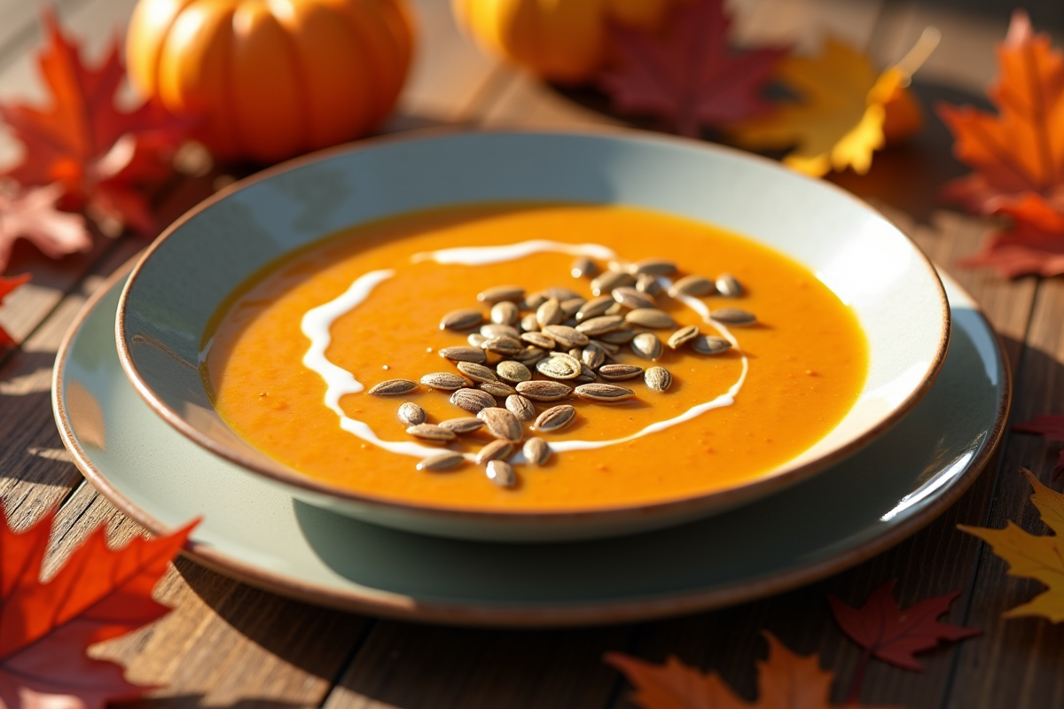 Soupe de potiron avec graines et crème sur table colorée