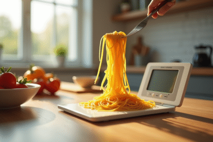 Spaghetti crus mesurés avec une balance sur plan de travail