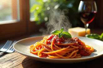 Assiette de spaghetti à la sauce tomate et basilic frais