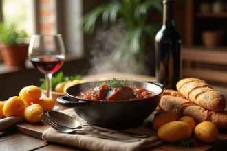 Table rustique avec un bourguignon fumant et baguettes