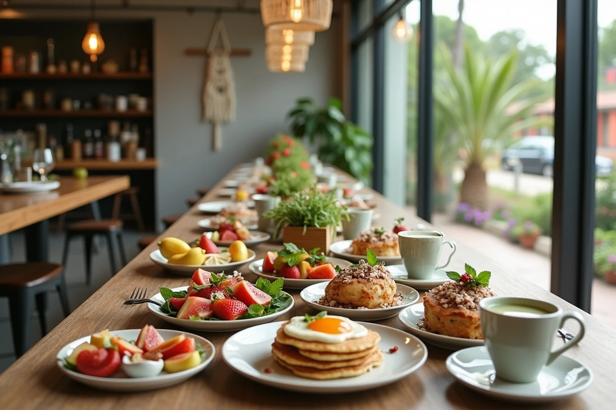 Grande table de brunch healthy avec chia pudding, pancakes et tartines chèvre figues dans un café contemporain à Hyères