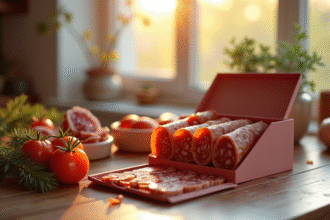 Table de cuisine lumineuse avec calendrier de l'Avent et saucissons