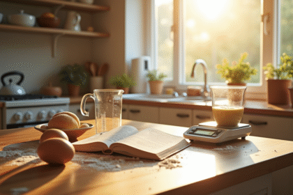 Table de cuisine avec ingrédients et livre de recettes