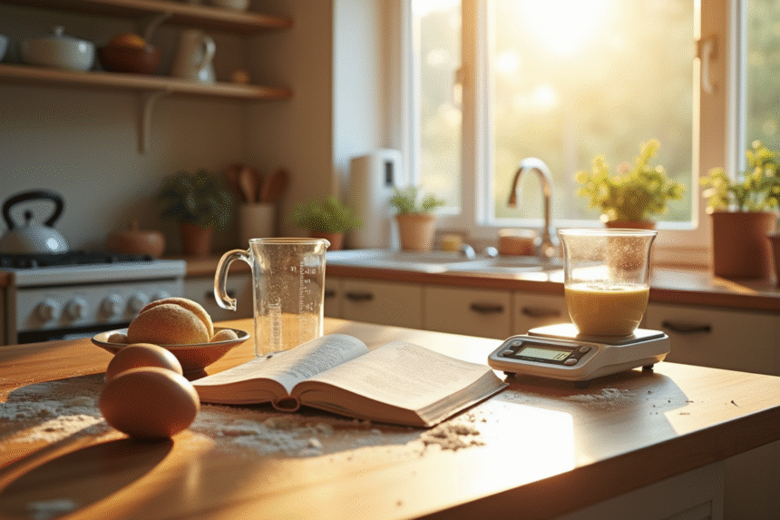 Table de cuisine avec ingrédients et livre de recettes