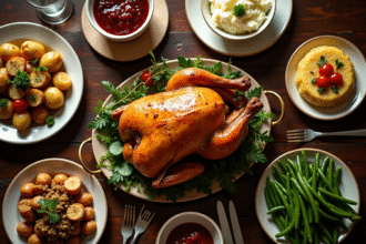Table festive avec une dinde rôtie dorée au centre