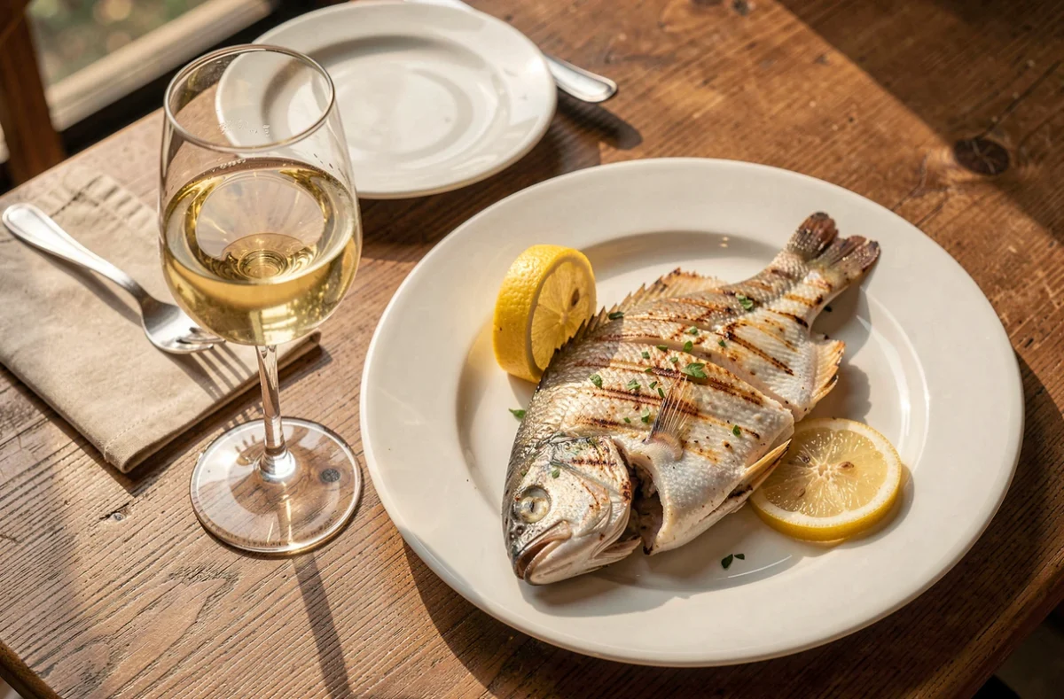 Table dressée avec un verre de vin blanc et un plat de poisson