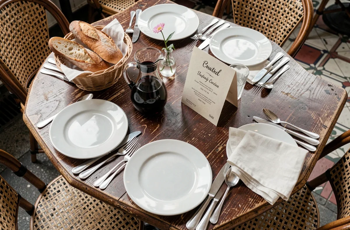 Table dressée pour un grand groupe dans un bistrot parisien avec couverts, carafes de vin rouge et menu manuscrit, préparation d'une réservation de groupe de plus de 6 personnes