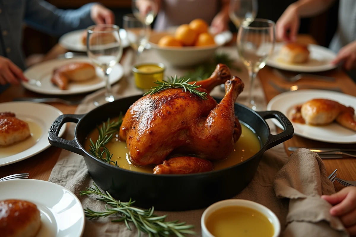 Table de fête avec un capon glacé et famille réunie