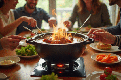 Table de famille avec fondue bourguignonne et légumes frais