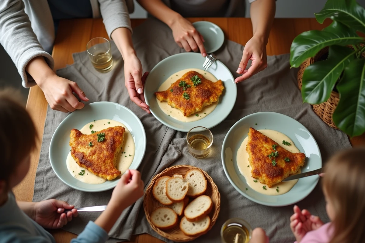 Gros plan sur la table avec mains et poulet en sauce pour un repas convivial