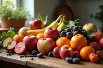 Table rustique avec fruits frais colorés en matinée