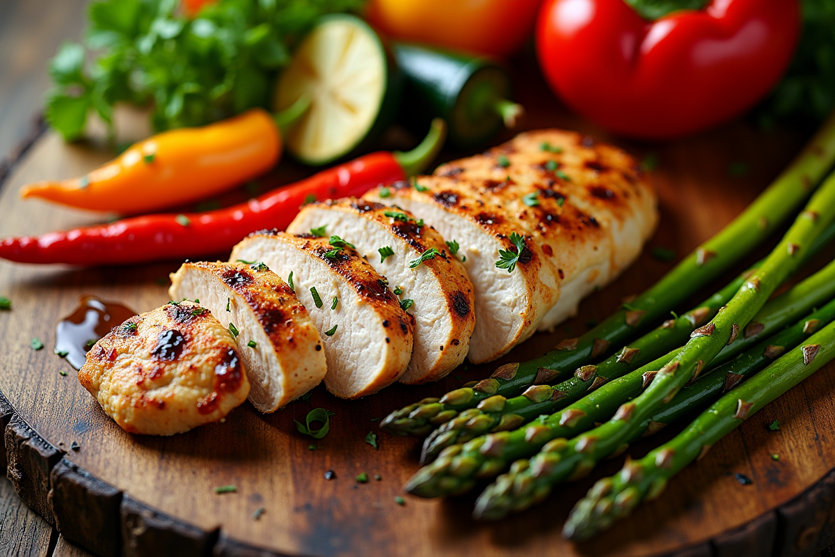 Vue de dessus de poulet grillé et légumes rôtis sur table en bois