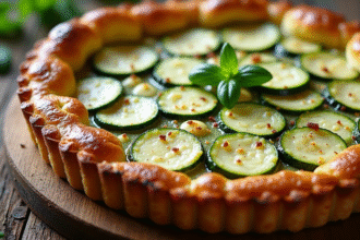 Tarte courgette et chèvre frais sur table rustique