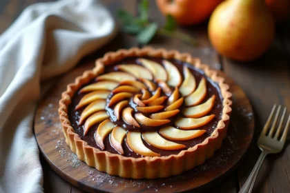 Tarte poire chocolat vue de dessus avec ganache brillante et poires en éventail sur table en bois rustique