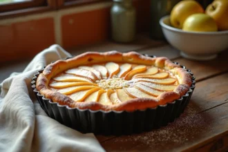 Tarte aux poires maison encore chaude dans un moule à tarte cannelé posé sur une table en bois rustique avec du sucre glace