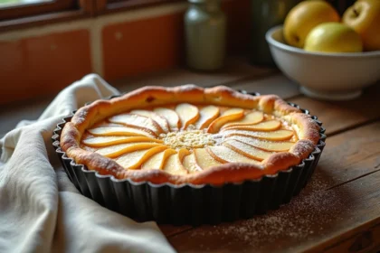 Tarte aux poires maison encore chaude dans un moule à tarte cannelé posé sur une table en bois rustique avec du sucre glace