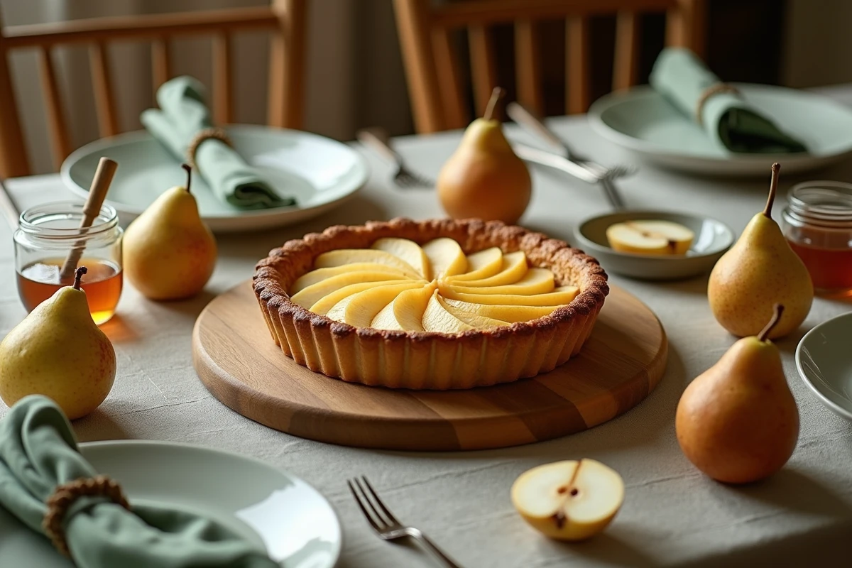 Vue de dessus d'une tarte aux poires entière sur une planche en bois entourée de poires fraîches, petits forks et serviettes vertes pour des invités surprise