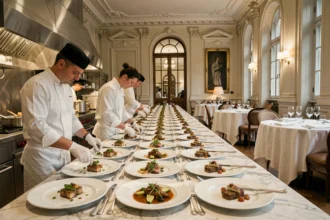 Intérieur d'un grand restaurant gastronomique français avec une longue table de dressage en marbre et des plats finement présentés