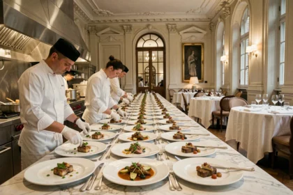 Intérieur d'un grand restaurant gastronomique français avec une longue table de dressage en marbre et des plats finement présentés