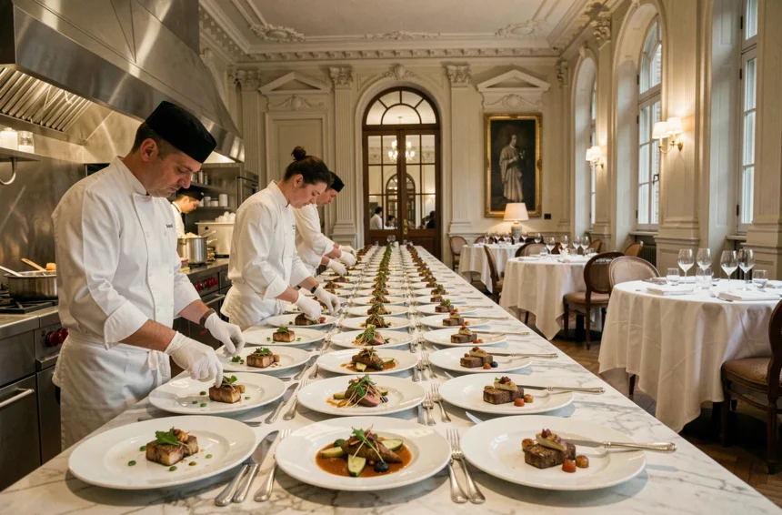 Intérieur d'un grand restaurant gastronomique français avec une longue table de dressage en marbre et des plats finement présentés