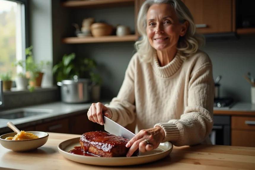 Filet mignon glacé tranché par une femme dans une cuisine chaleureuse