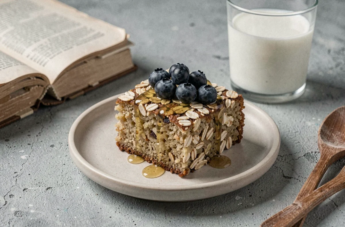 Tranche de gâteau vegan aux flocons d'avoine garnie de myrtilles et de sirop d'agave sur assiette en céramique
