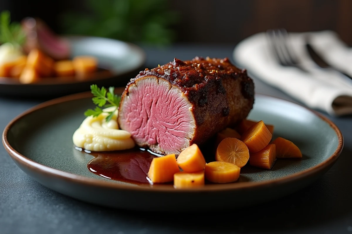 Tranche de gigot de chevreuil rosé et juteux servie sur assiette avec purée et jus de viande