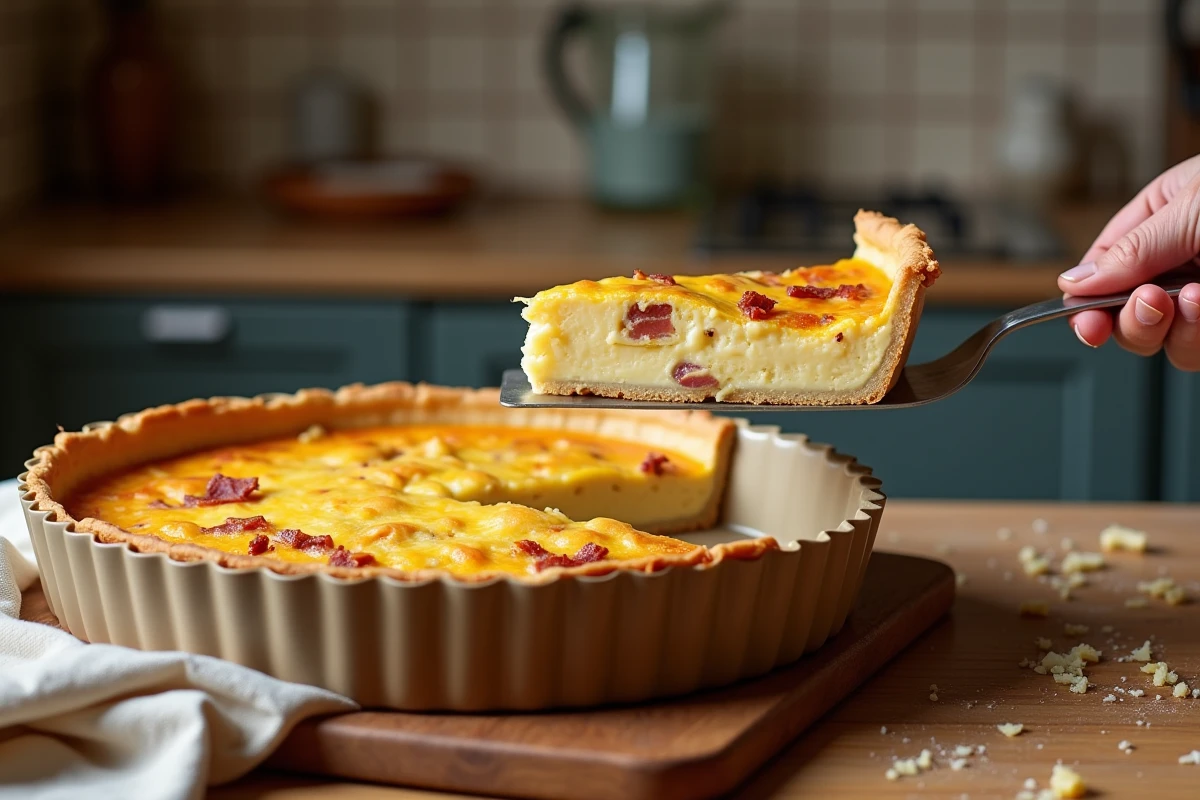 Tranche de quiche lorraine prélevée d'un moule rond révélant un appareil crémeux aux lardons