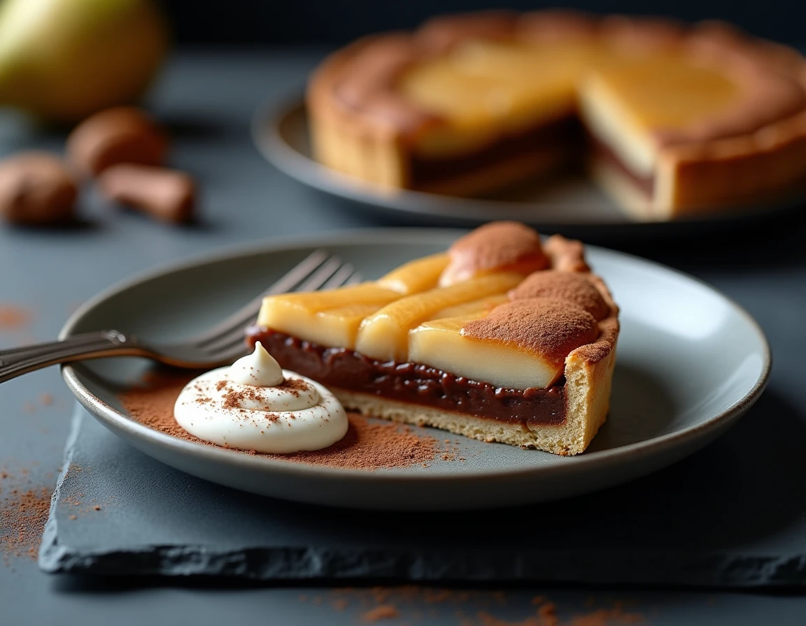 Tranche de tarte poire chocolat sur assiette en céramique avec crème fouettée et cacao sur ardoise foncée