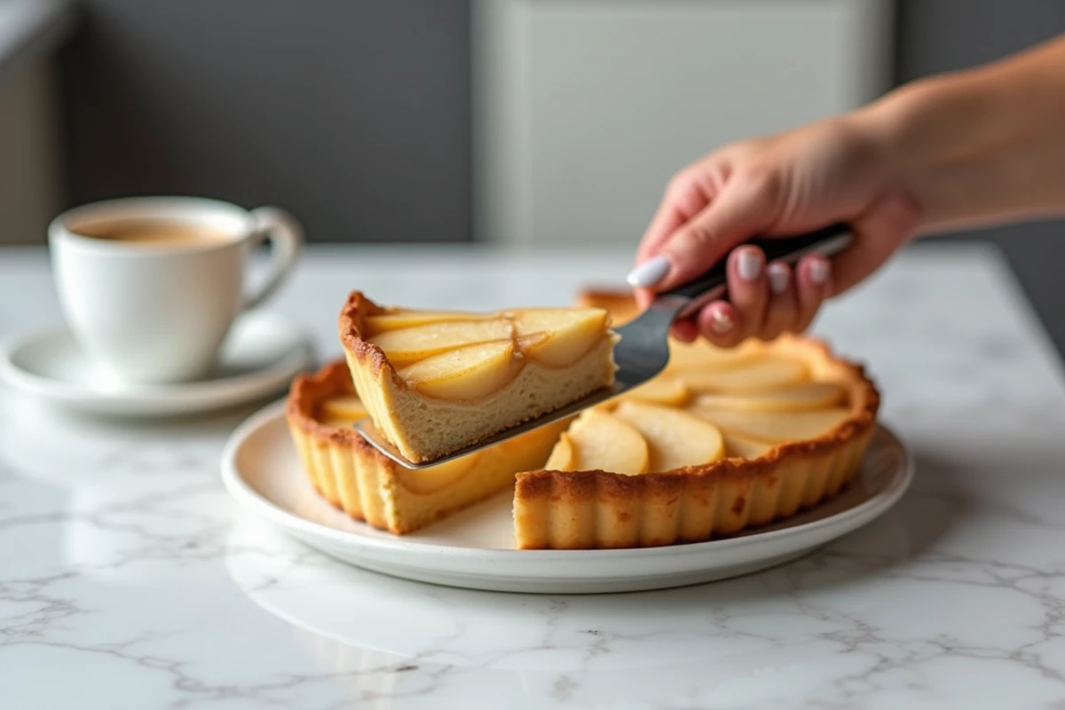 Tranche de tarte aux poires servie sur une assiette blanche avec une tasse d'espresso en arrière-plan flou dans une cuisine moderne